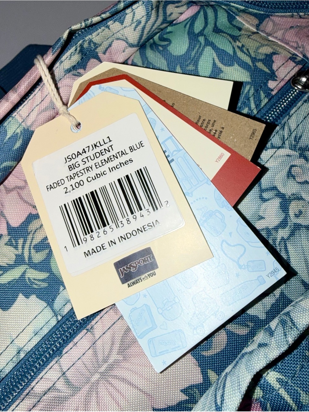JanSport Big Student Faded Tapestry Elemental Blue Floral Laptop Backpack-New - Picture 15 of 15